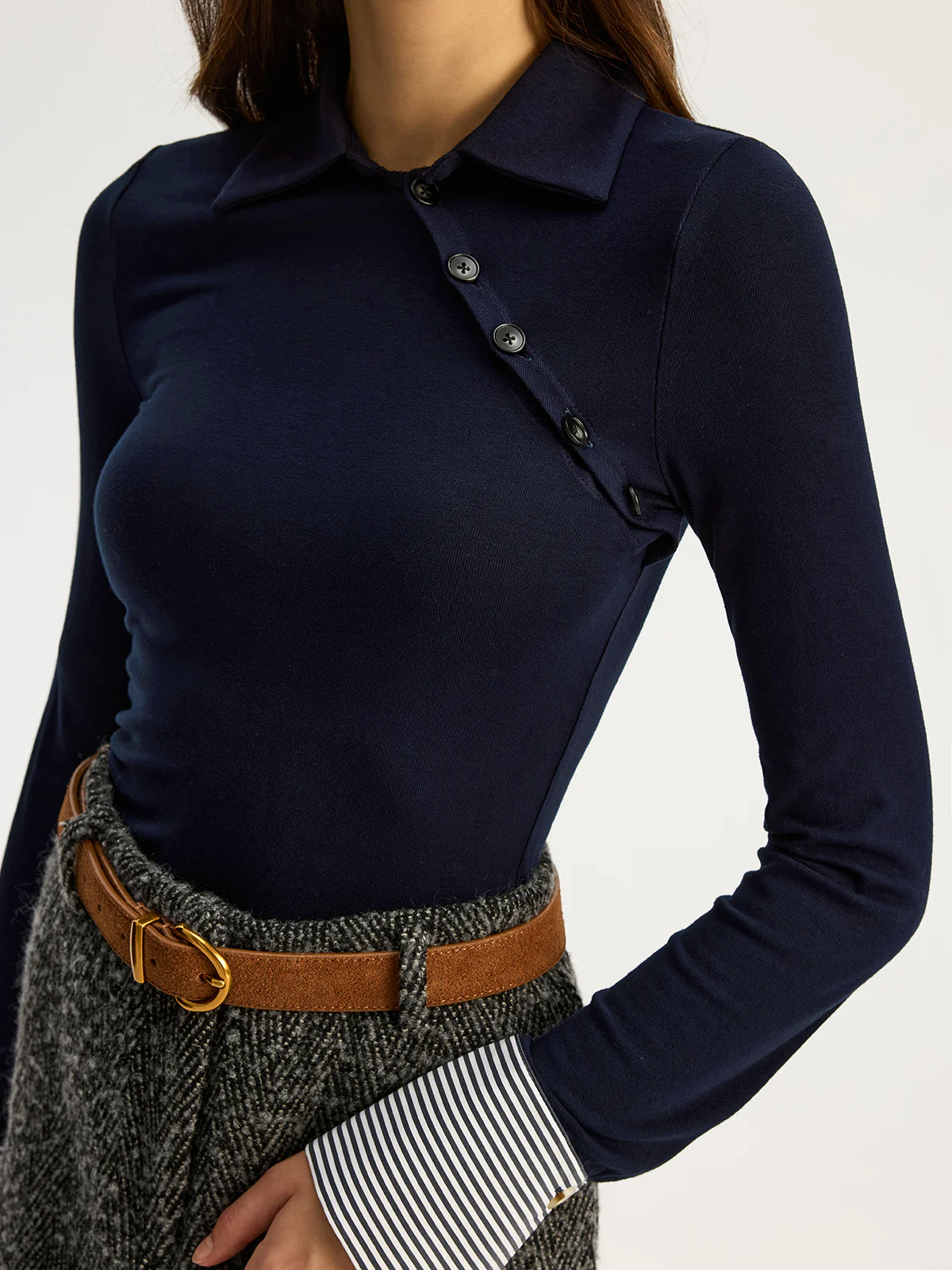 Asymmetric Button Striped Cuff Polo Top - Wholesalesil