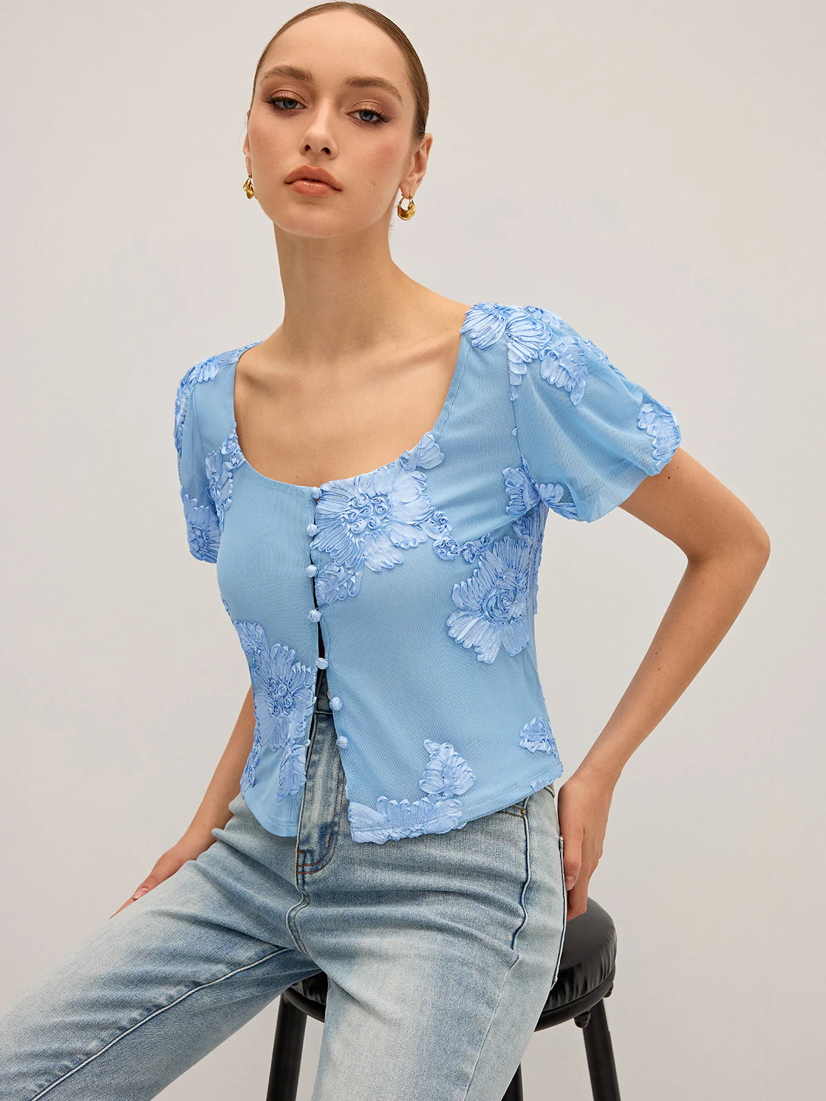 Floral Embroidered Square Neck Mesh Top - Wholesalesil