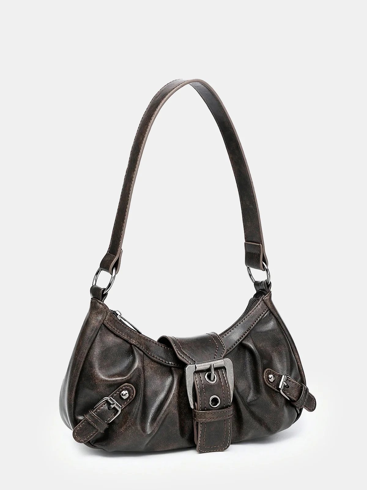 Vintage Faux Leather Buckle-Accent Hobo Bag - Wholesalesil