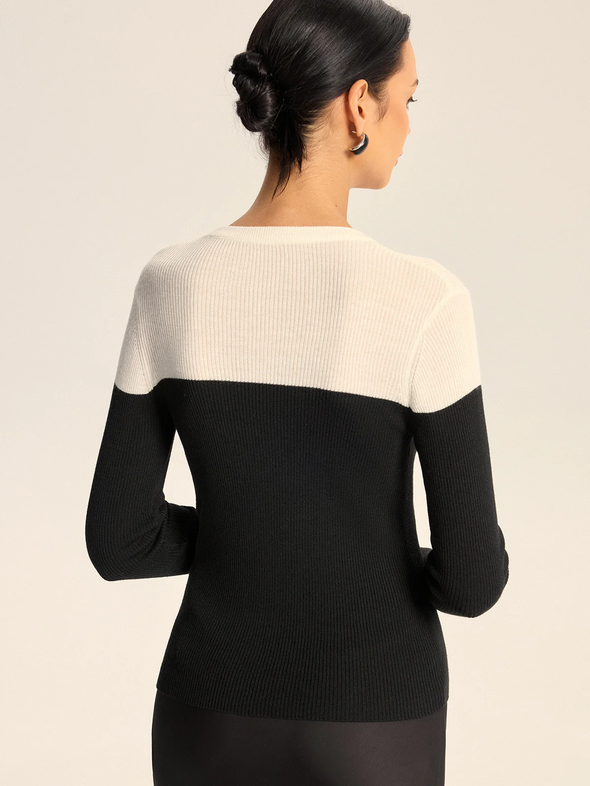 Two-Tone Ribbed Wool Blend Sweater without Belt - Wholesalesil
