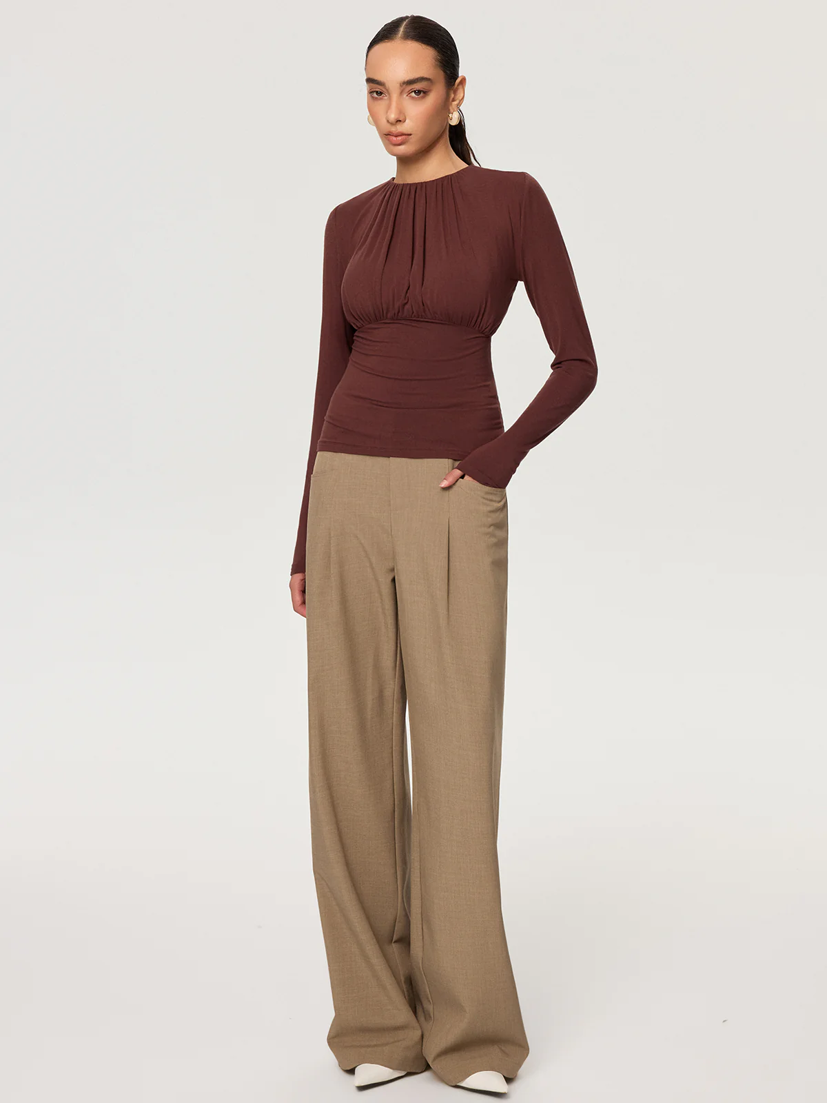 Ruched Long Sleeve Round Neck Knit Blouse - Wholesalesil