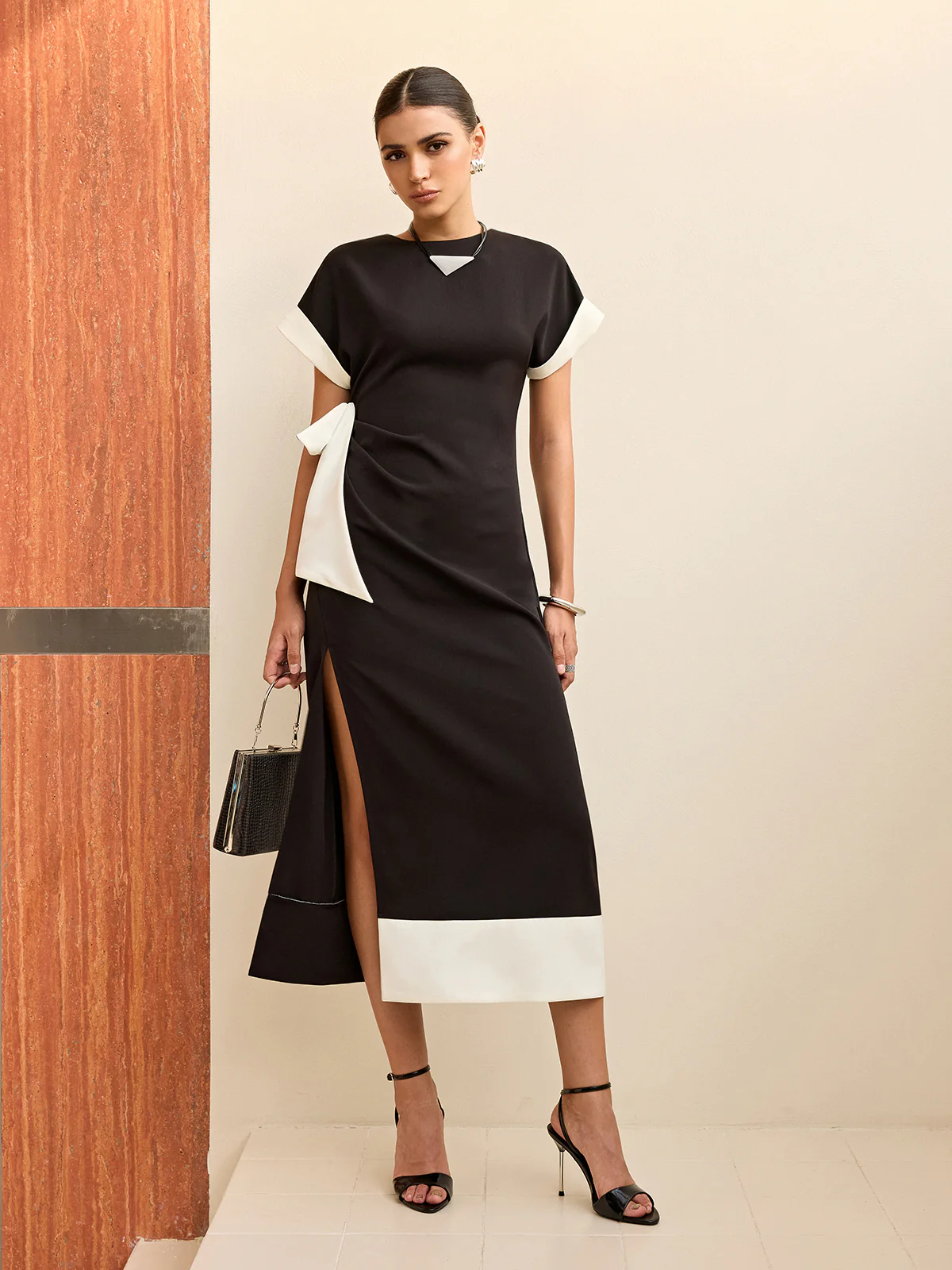 Contrast Trim Bow Slit Midi Dress - Wholesalesil