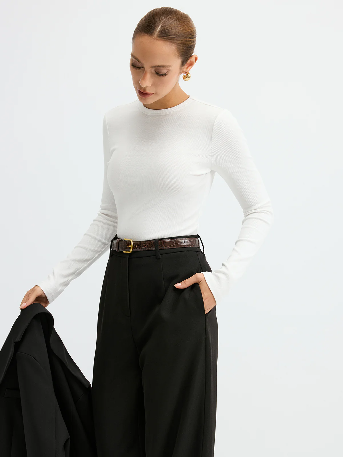 Ribbed Crew Neck Long Sleeve T-Shirt - Wholesalesil