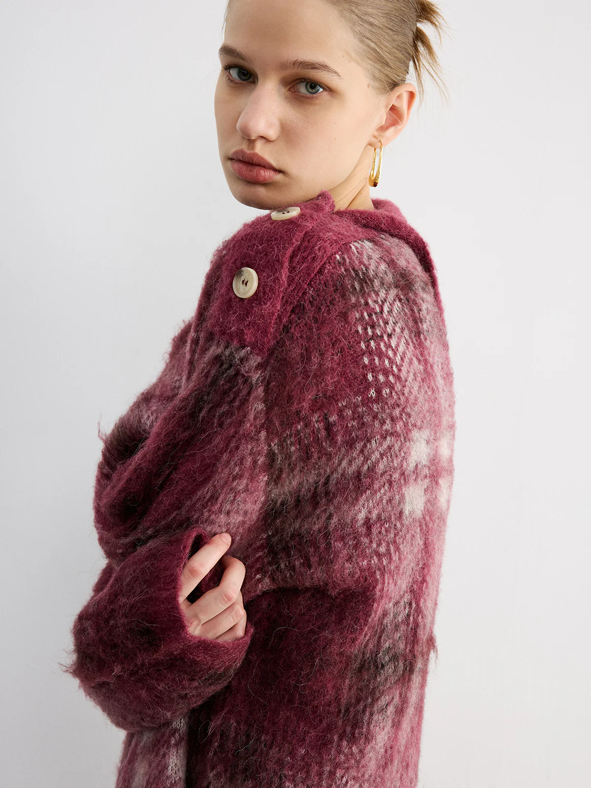 Wool Blend Plaid Asymmetric Collar Buttoned Sweater - Wholesalesil