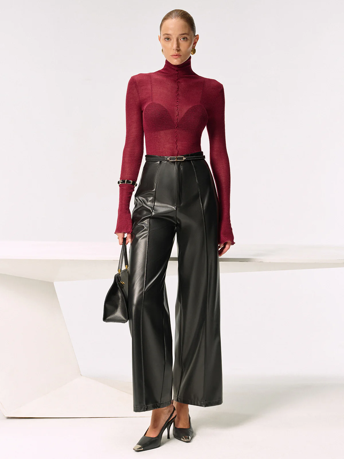 Sheer Turtleneck Wool Blend Sweater - Wholesalesil