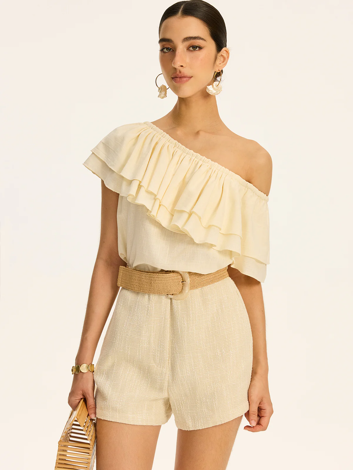 Cotton & Linen One-Shoulder Ruffled Top - Wholesalesil