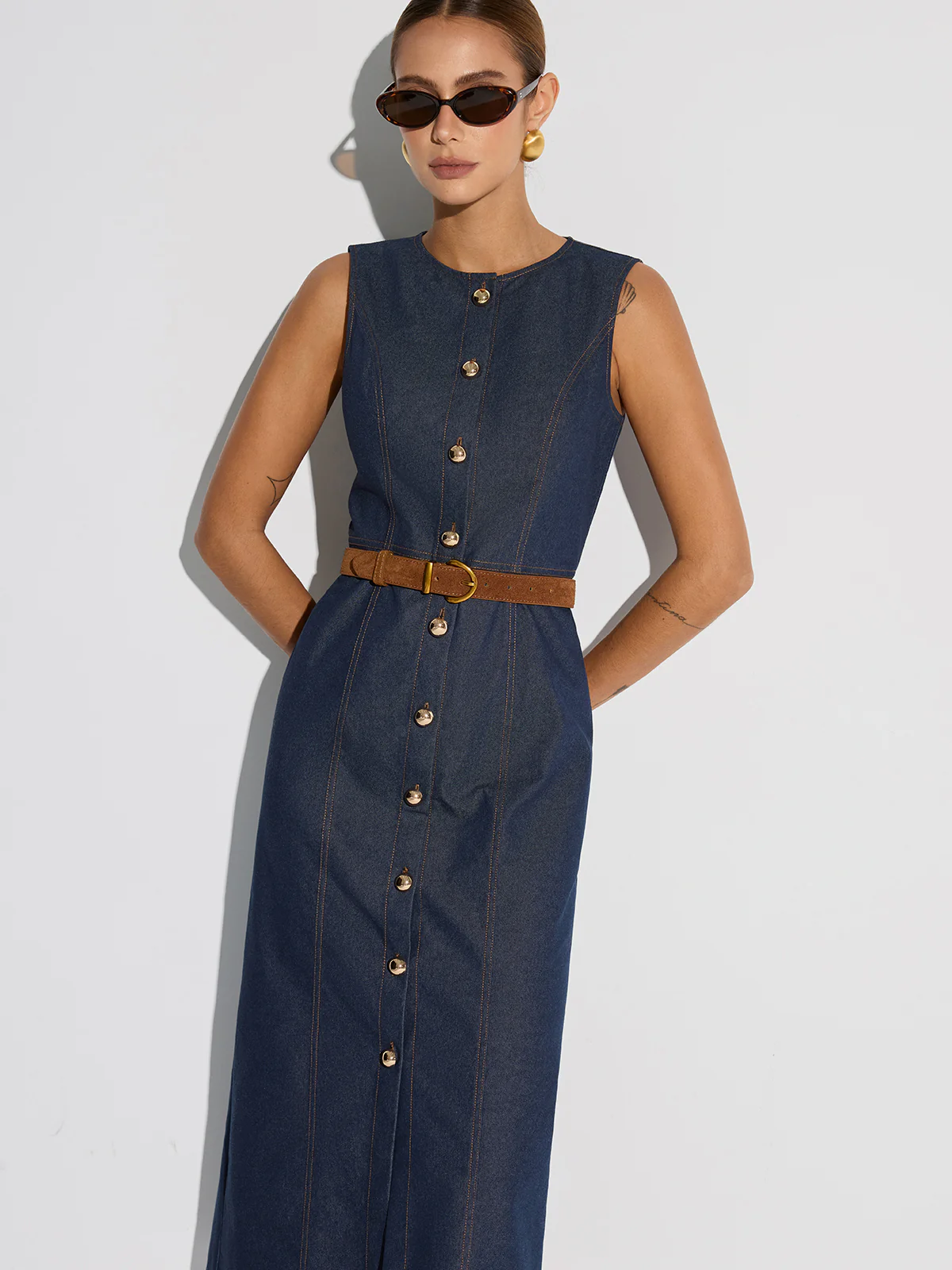 Button-Front Sleeveless Denim Maxi Dress - Wholesalesil