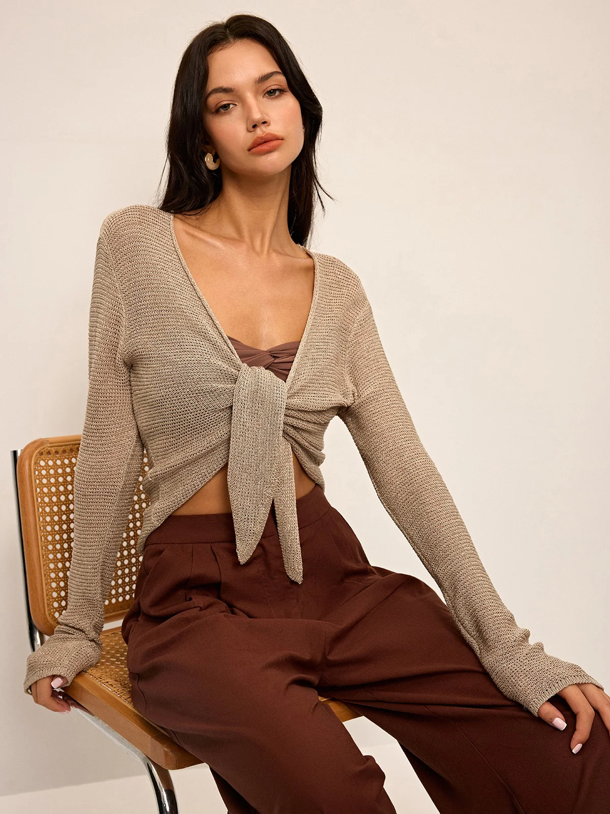 Knotted Front Long Sleeve Knit Top - Wholesalesil