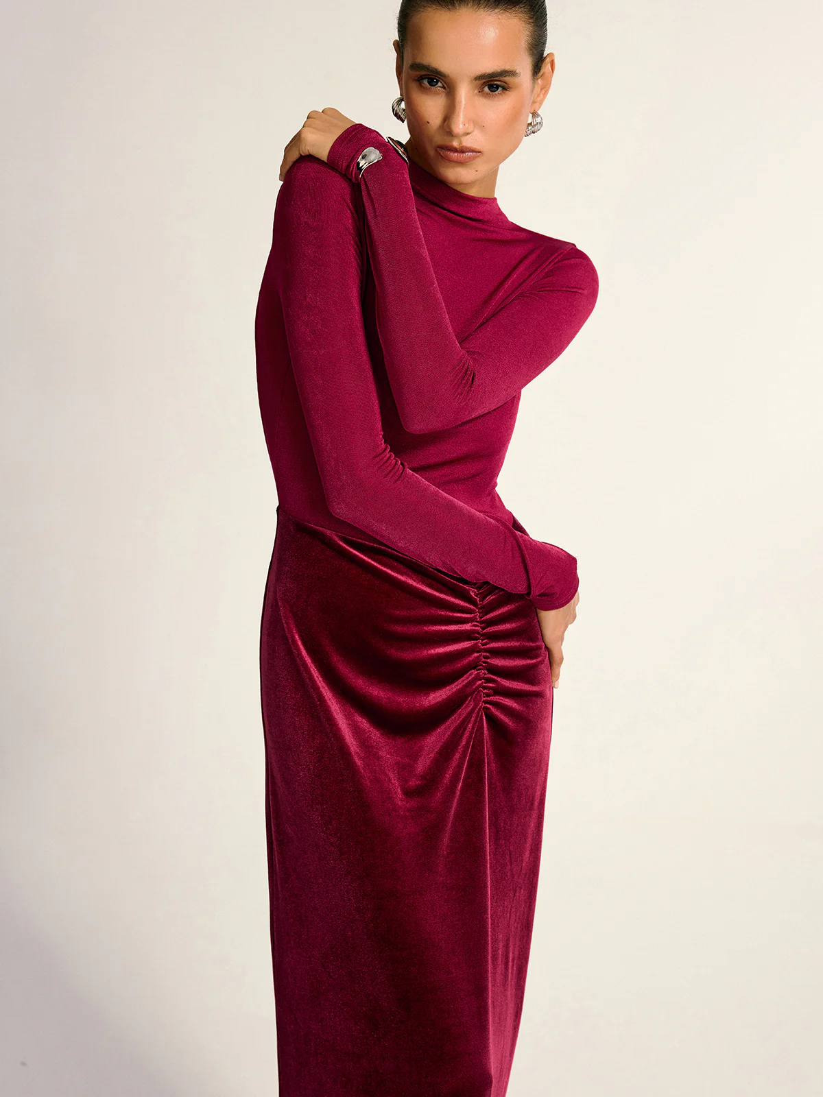 Velvet Panel Mock Neck Backless Maxi Dress - Wholesalesil
