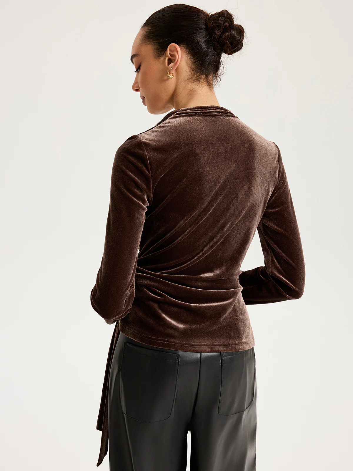 Long Sleeve Knot-Tie Velvet Asymmetric Top - Wholesalesil