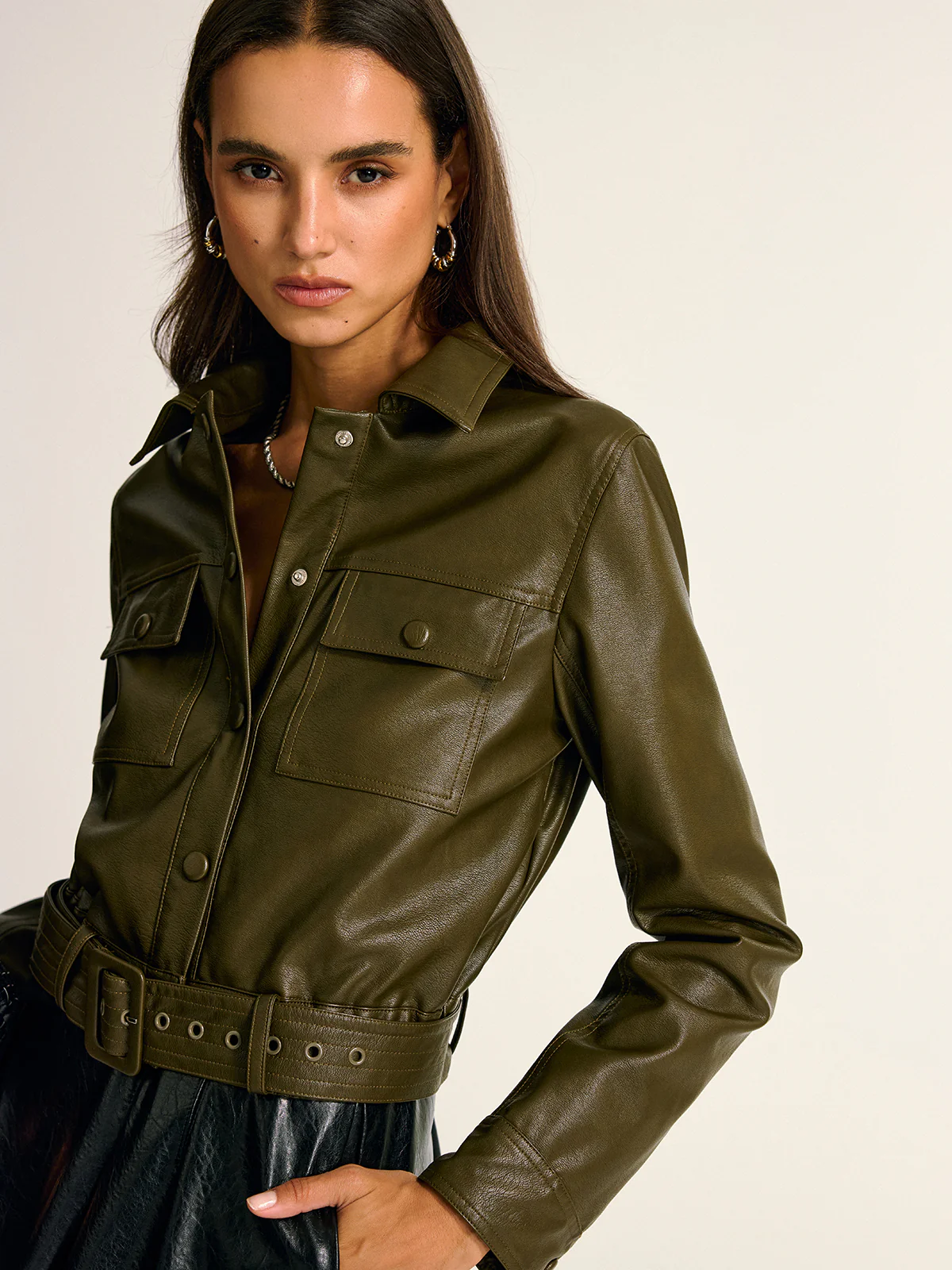 Belted PU Leather Cargo Shirt Jacket - Wholesalesil