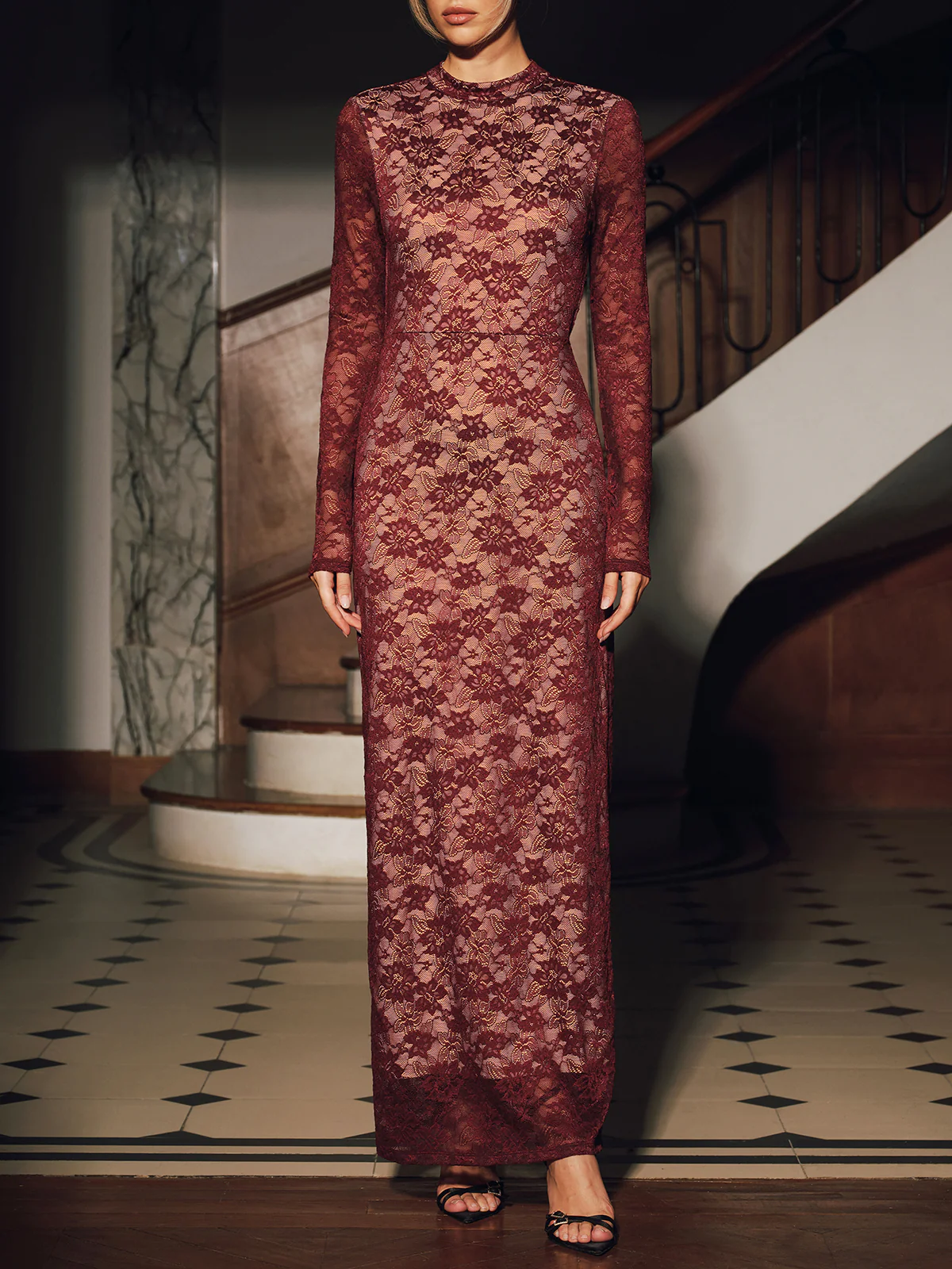 Lace Long Sleeve Fitted Backless Maxi Dress - Wholesalesil