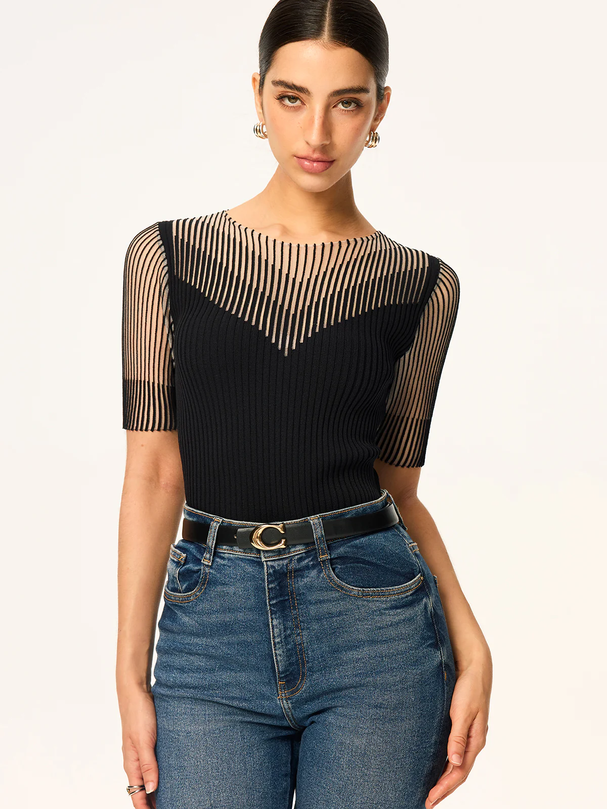 Sheer Striped Panel Ribbed Knit Top - Wholesalesil