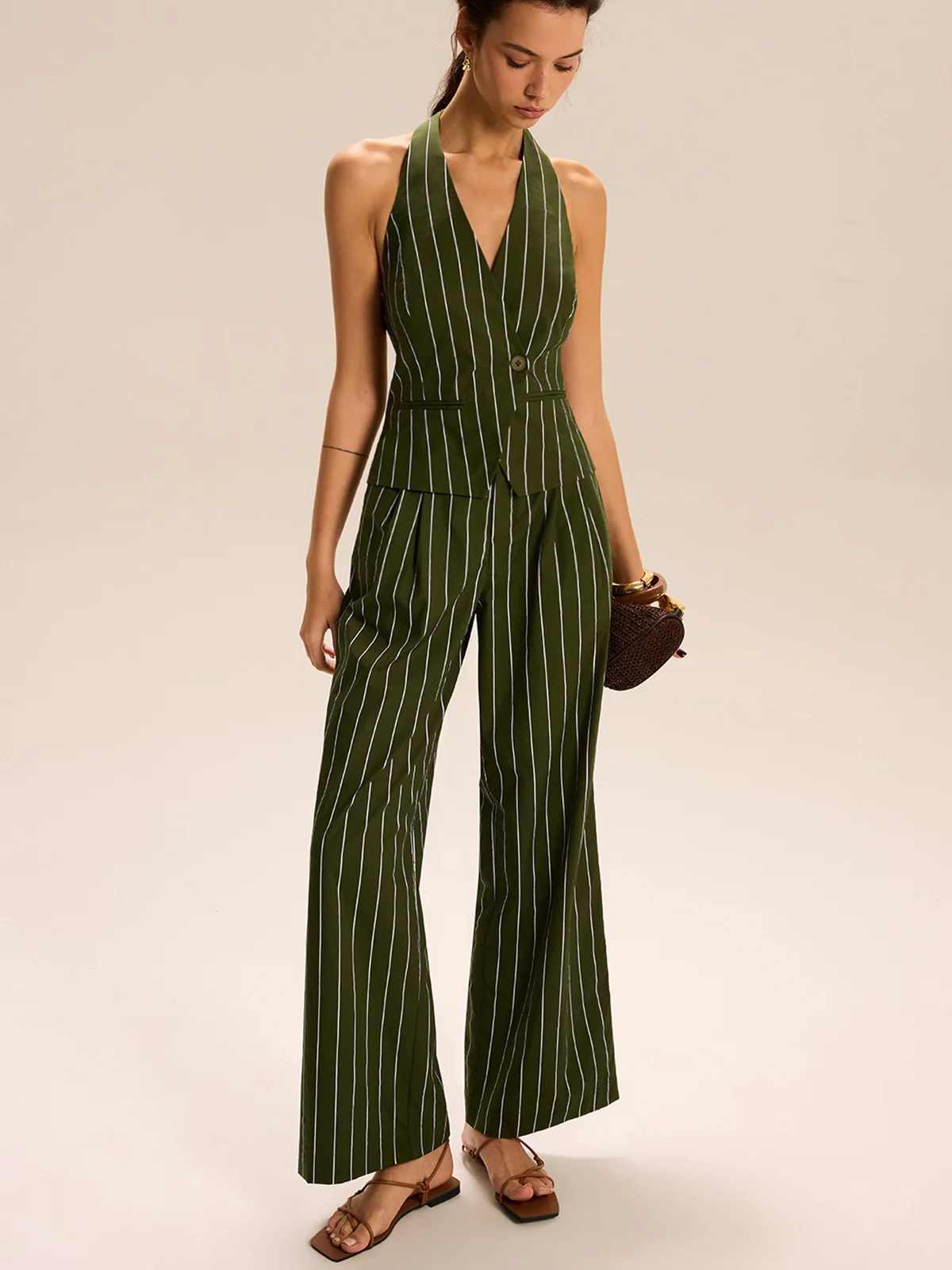Striped Halter-Neck Vest and Wide-Leg Pants Set - Wholesalesil
