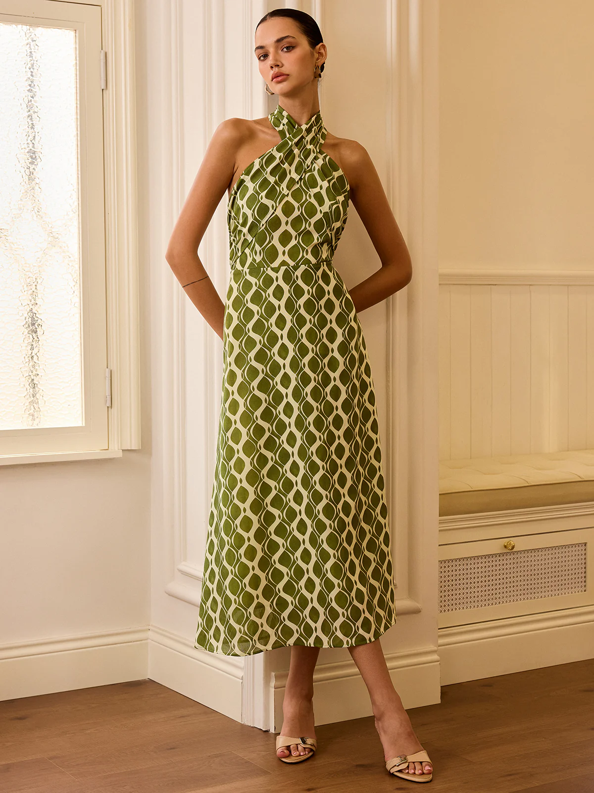 Halter Neck Printed Midi Dress - Wholesalesil