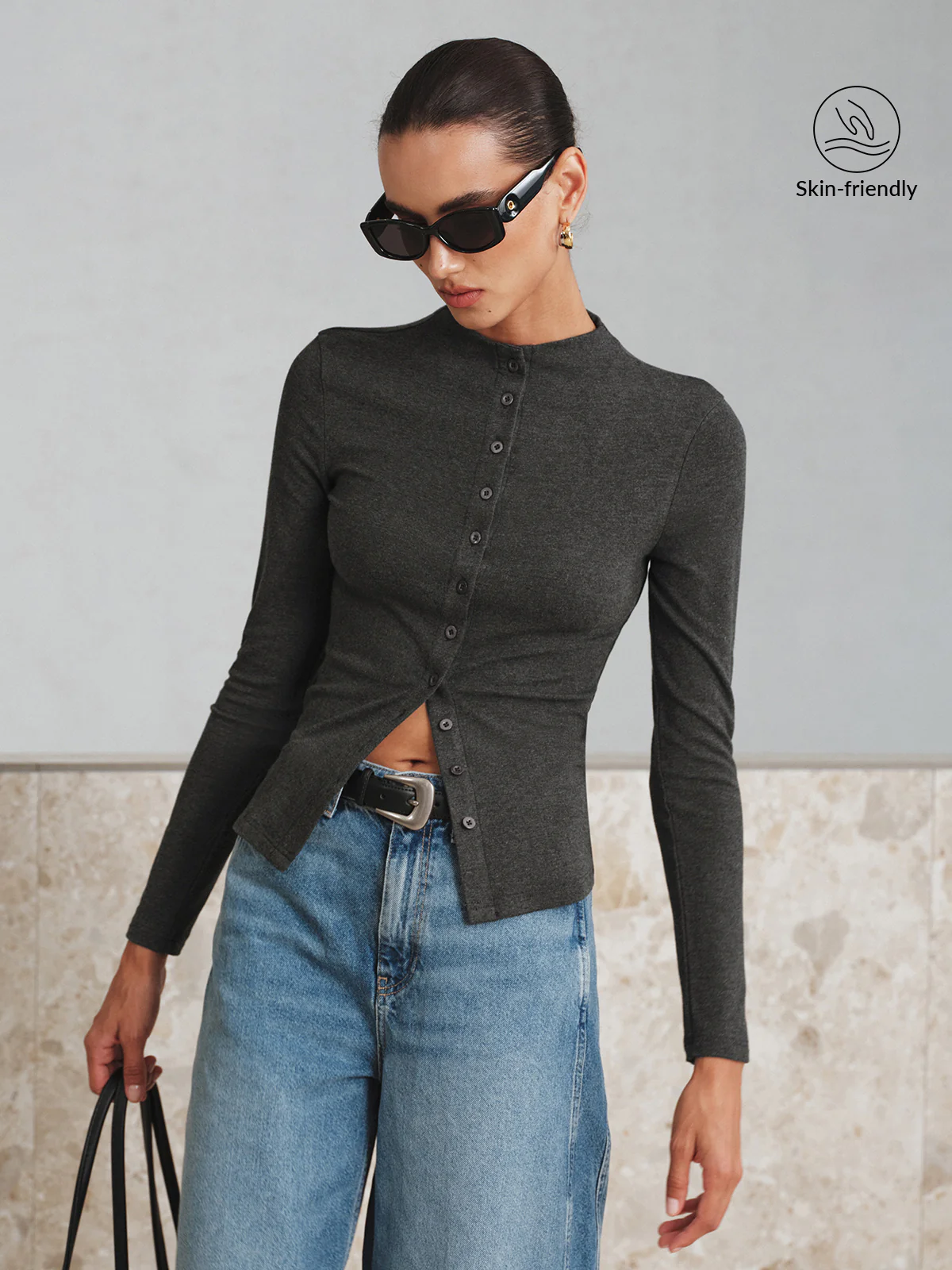 Mock Neck Button Long Sleeve T-Shirt - Wholesalesil