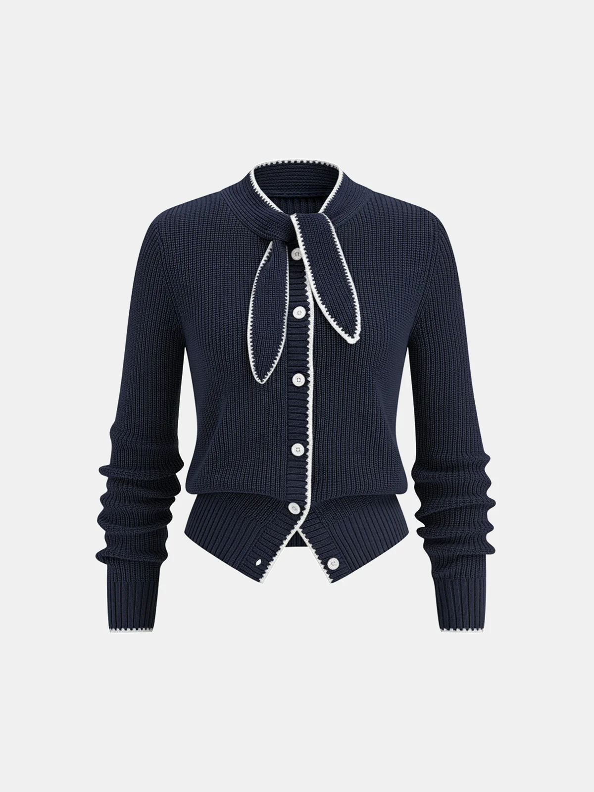 Tie Neck Contrast Trim Wool Blend Cardigan - Wholesalesil