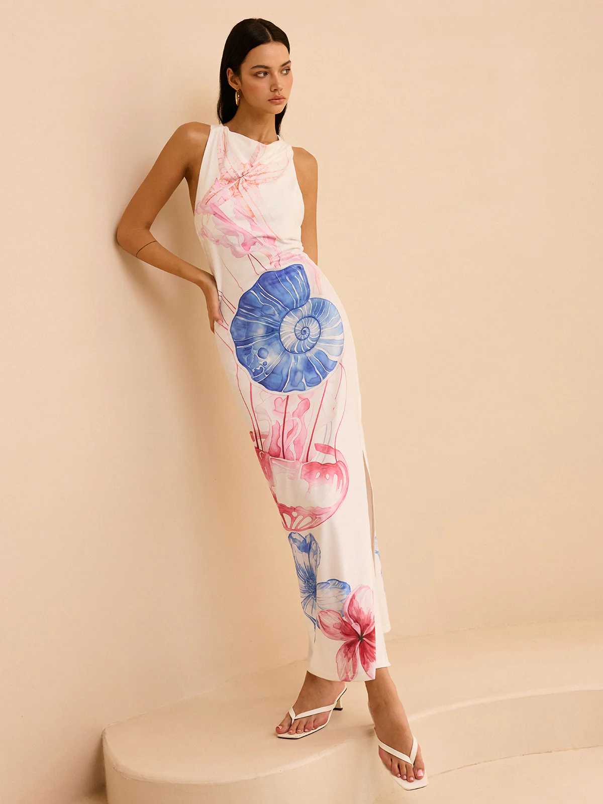 Semi-Sheer Ocean Print Maxi Dress with Slit - Wholesalesil