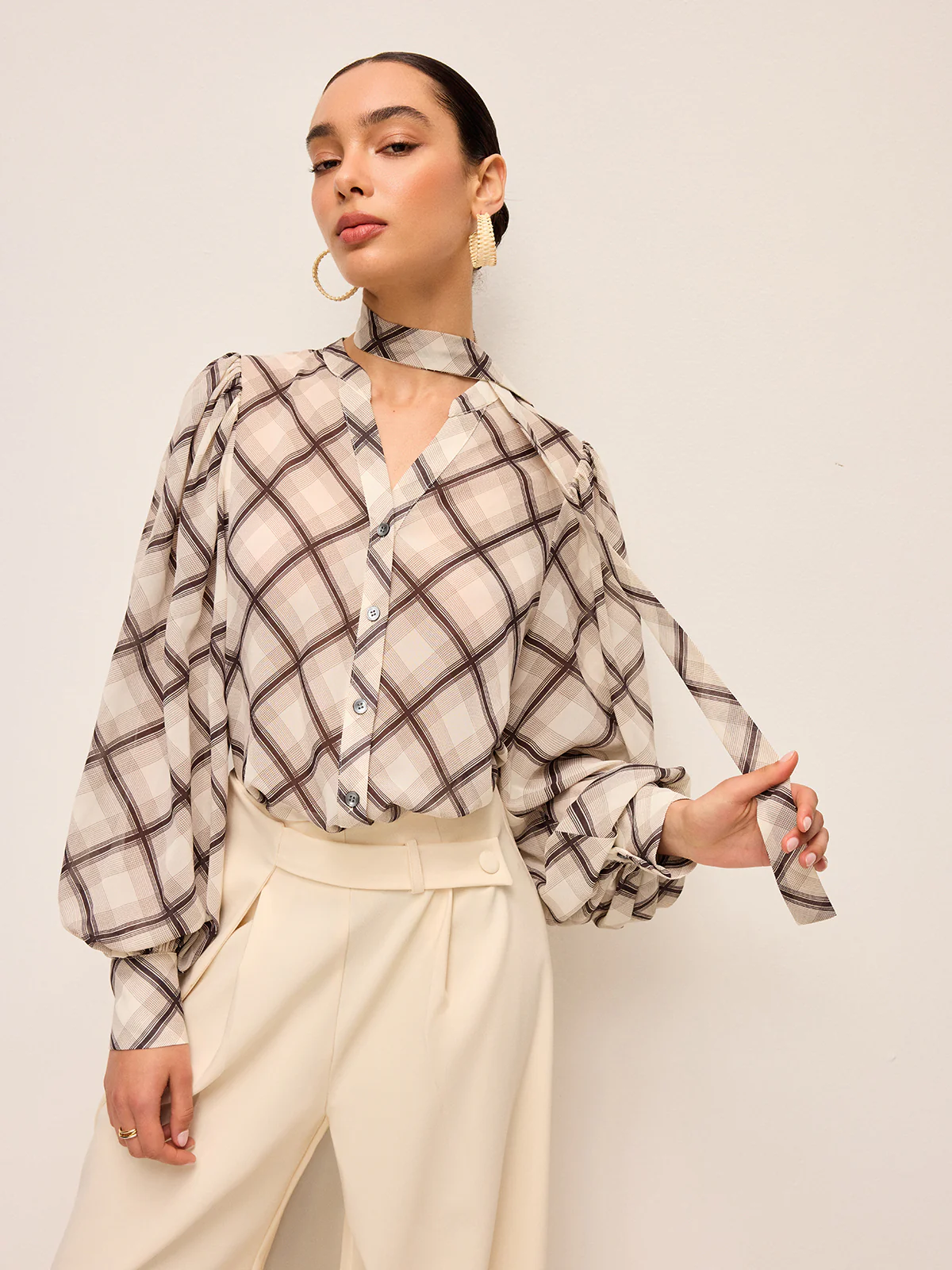 Long-Sleeve Plaid Chiffon Shirt With Neck-Tie Detail - Wholesalesil