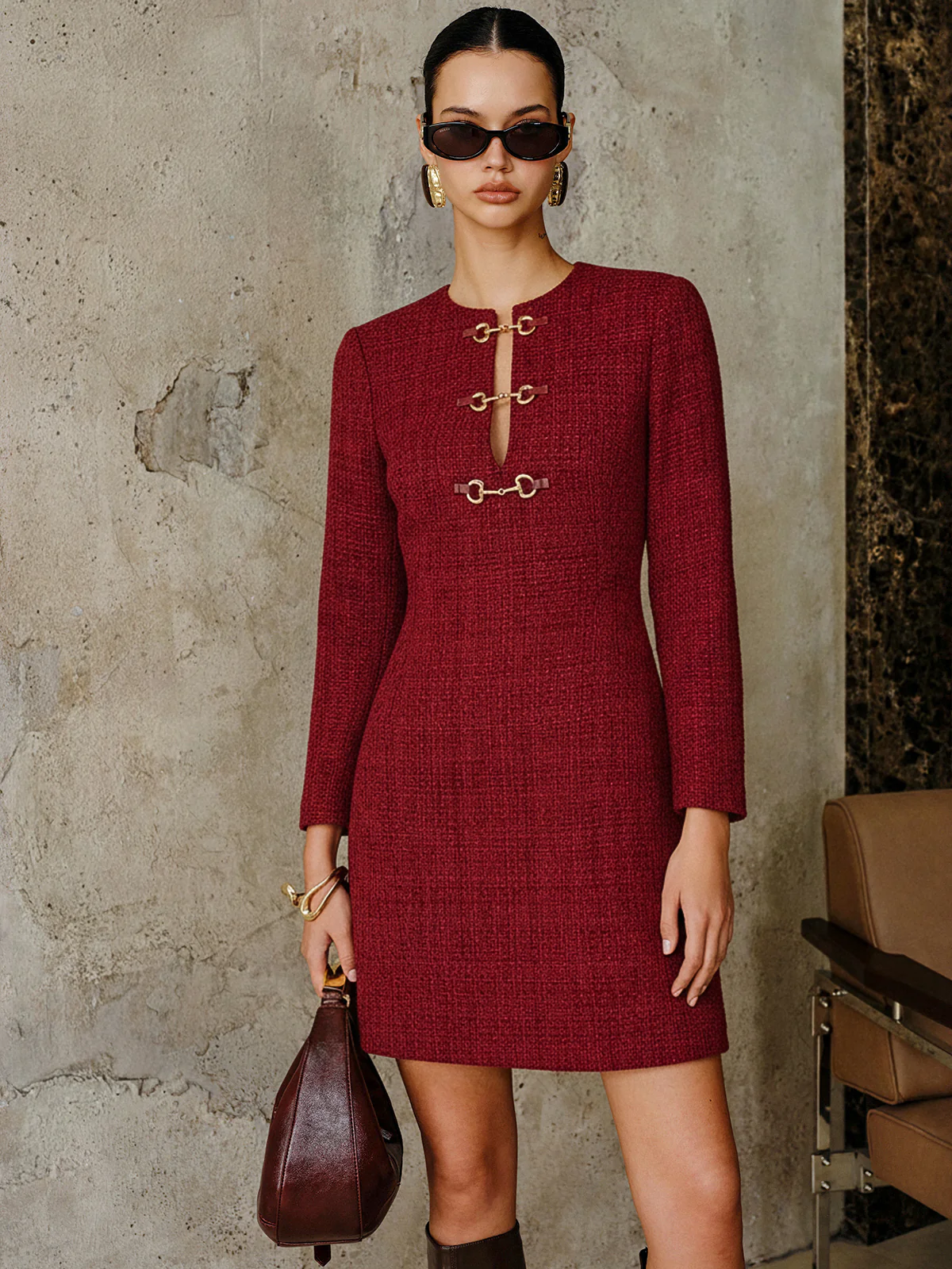 Metal Buckle Tweed Mini Dress - Wholesalesil