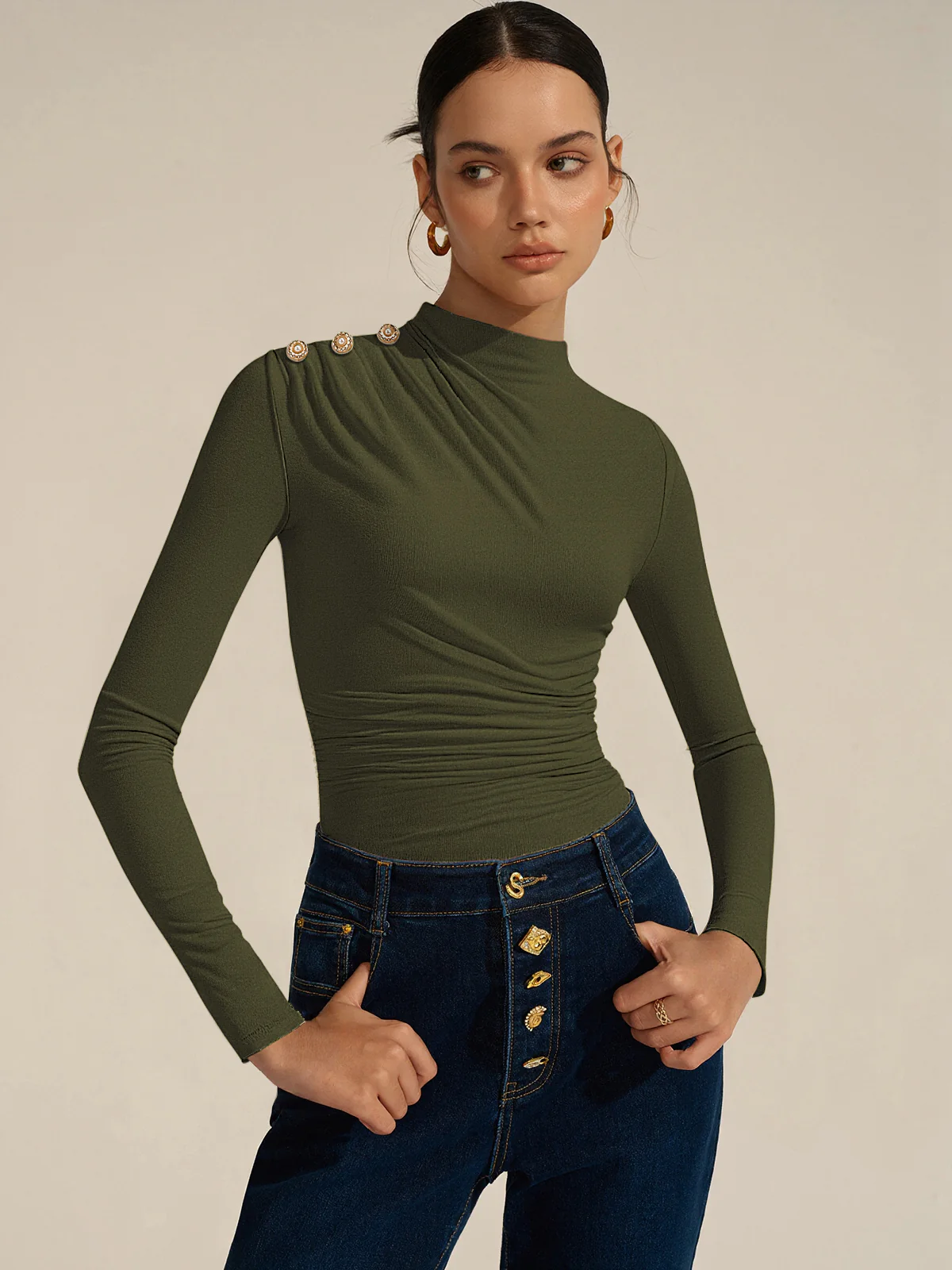 Ruched Shoulder-Decor Long Sleeve Bodysuit - Wholesalesil
