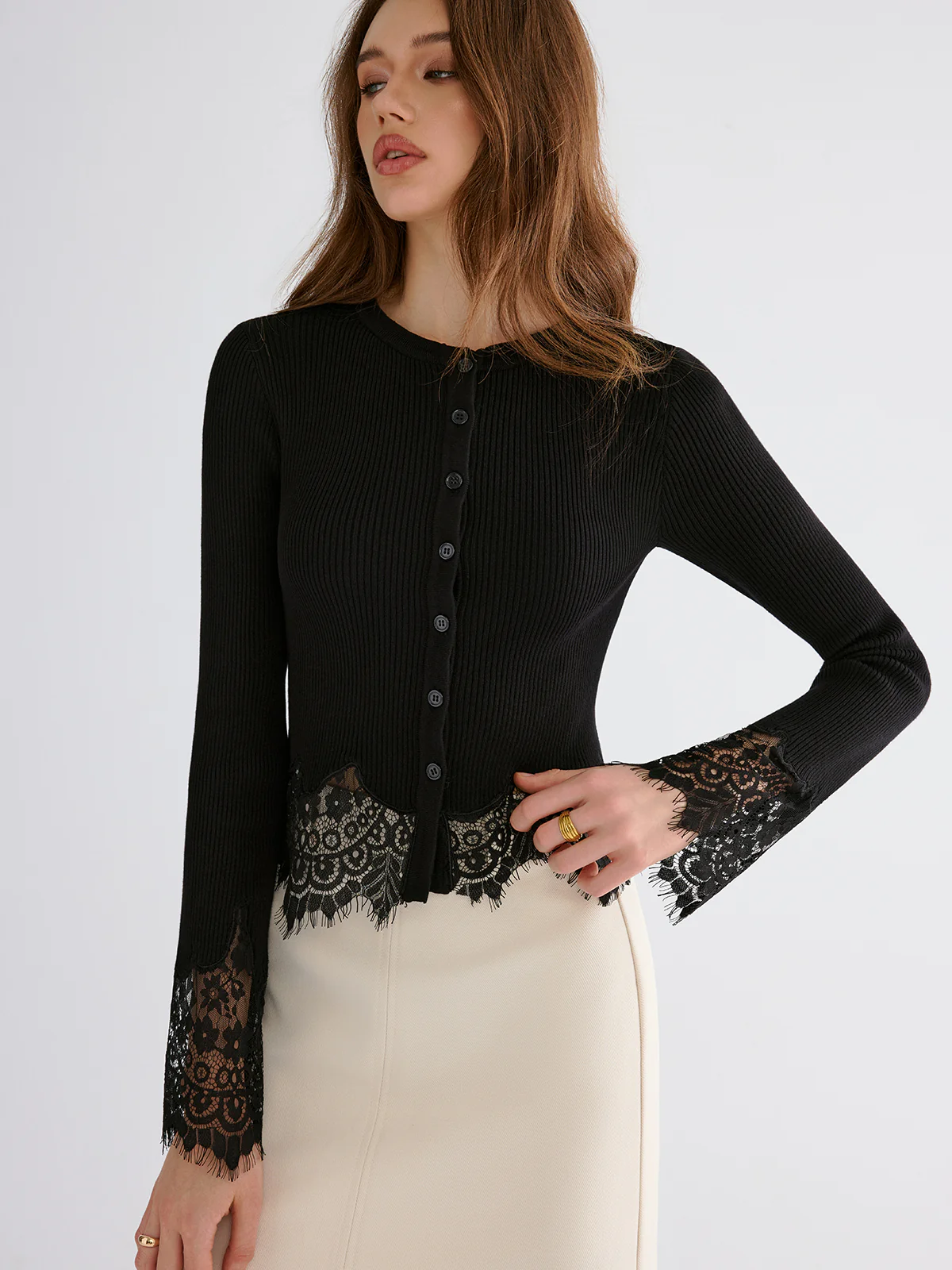 Lace Hem Flared Sleeve Cadigan - Wholesalesil