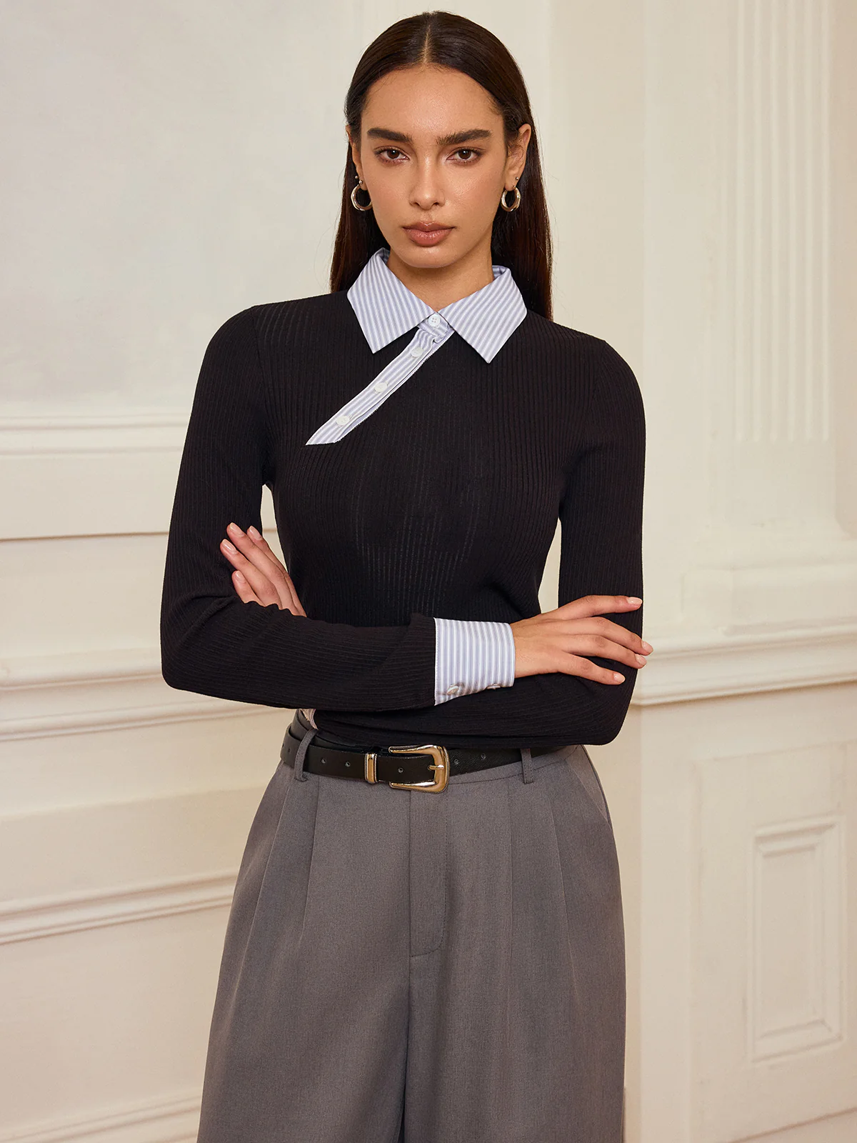 Striped Shirt Panel Ribbed Knit Top - Wholesalesil