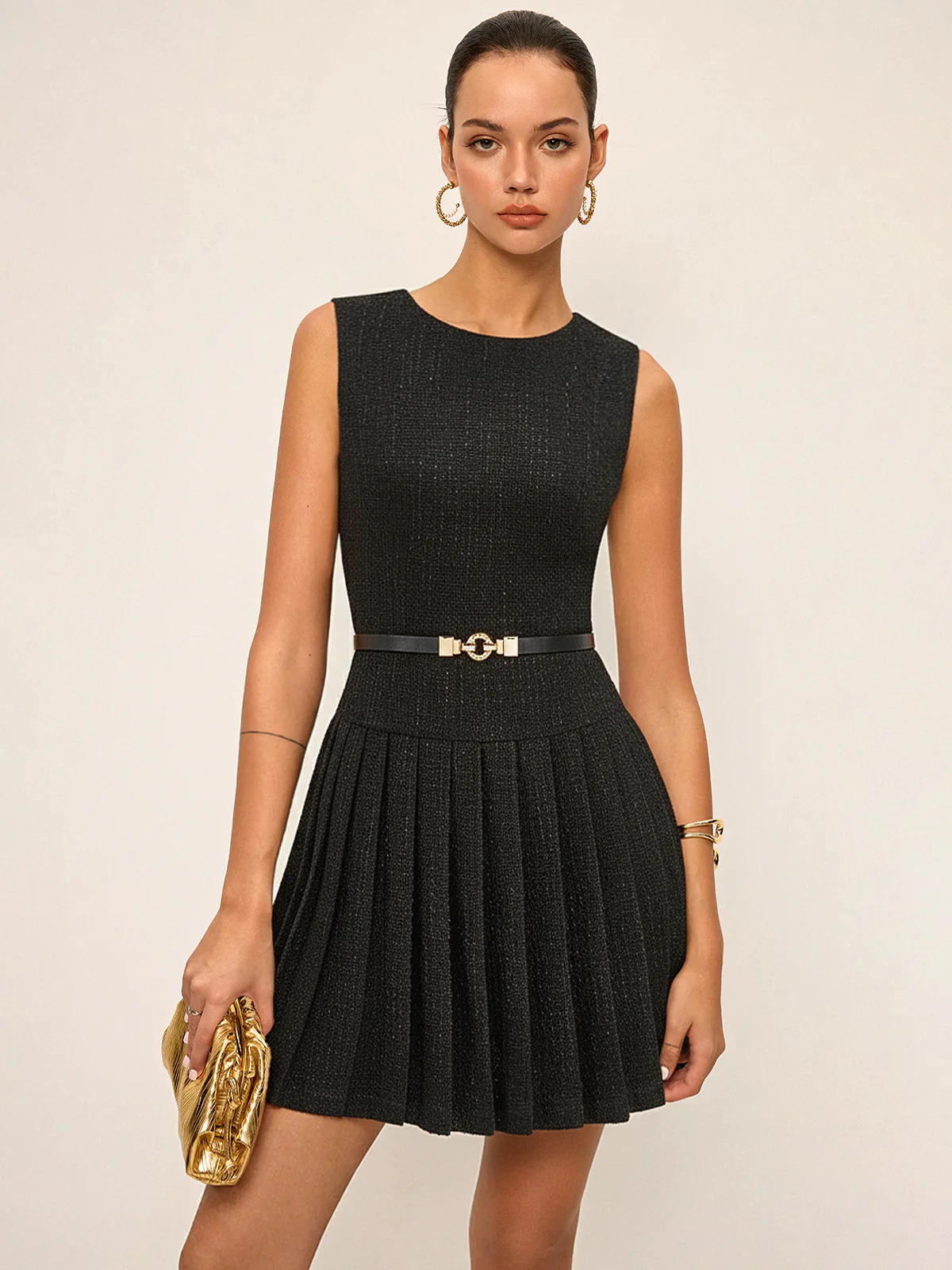 Tweed Sleeveless Pleated Mini Dress with Belt - Wholesalesil