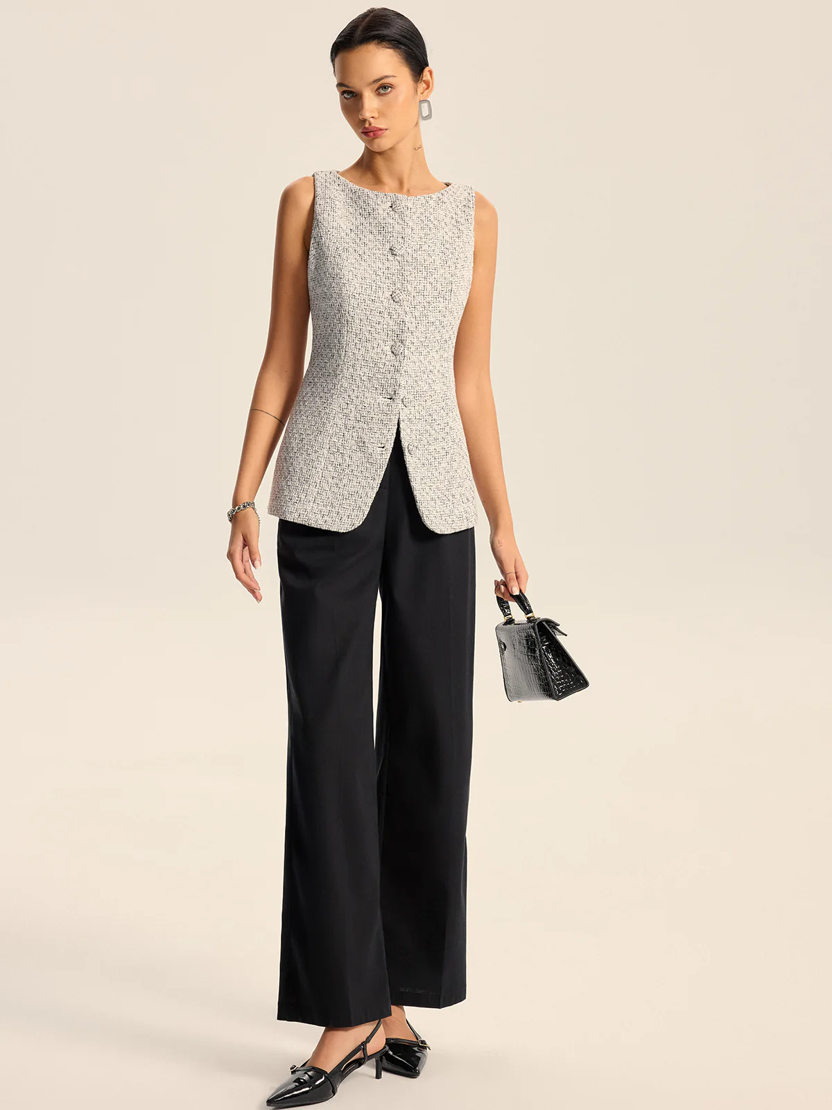 Textured Tweed Button Vest - Wholesalesil