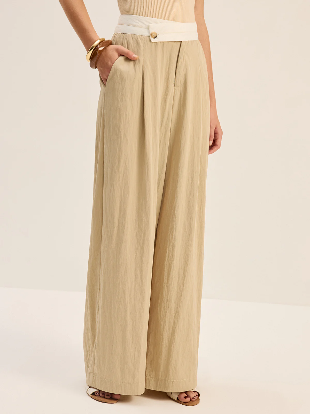 Contrast Waistband Wide-Leg Pants - Wholesalesil