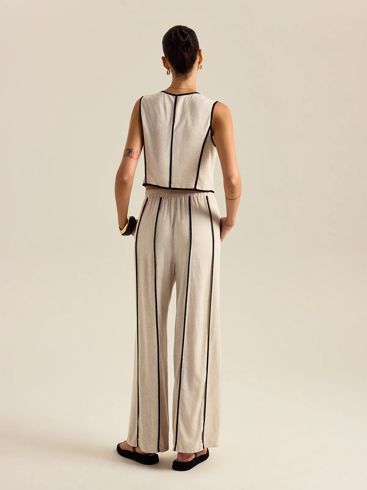 Linen & Cotton Striped Pants Set With Elastic Waist - Wholesalesil