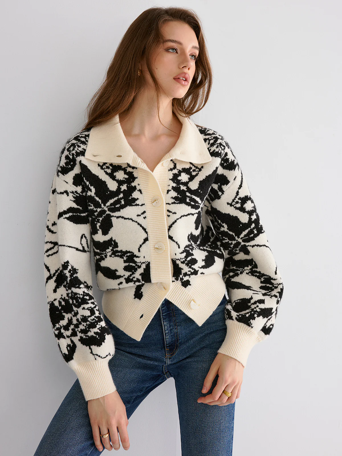 Floral Jacquard Button Cardigan - Wholesalesil