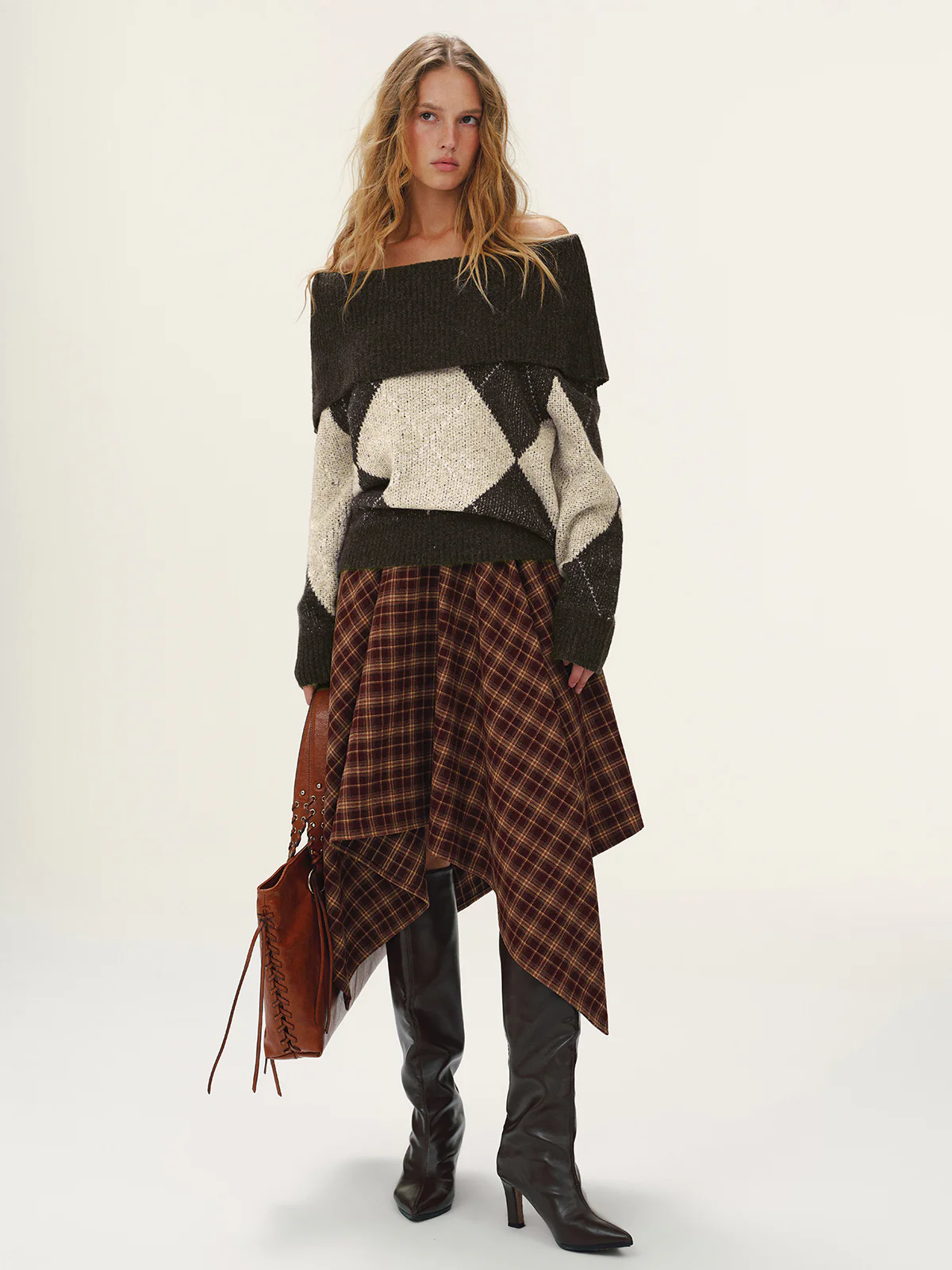 Argyle Pattern Off-Shoulder Sweater - Wholesalesil