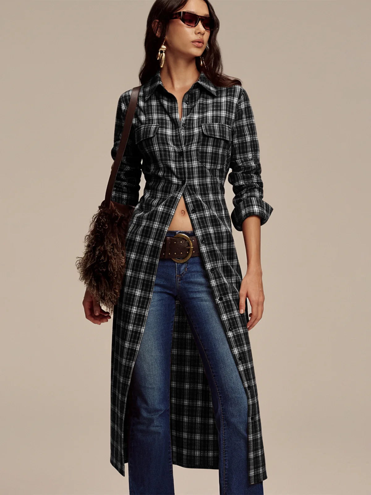 Plaid Button Front Shirt Dress - Wholesalesil