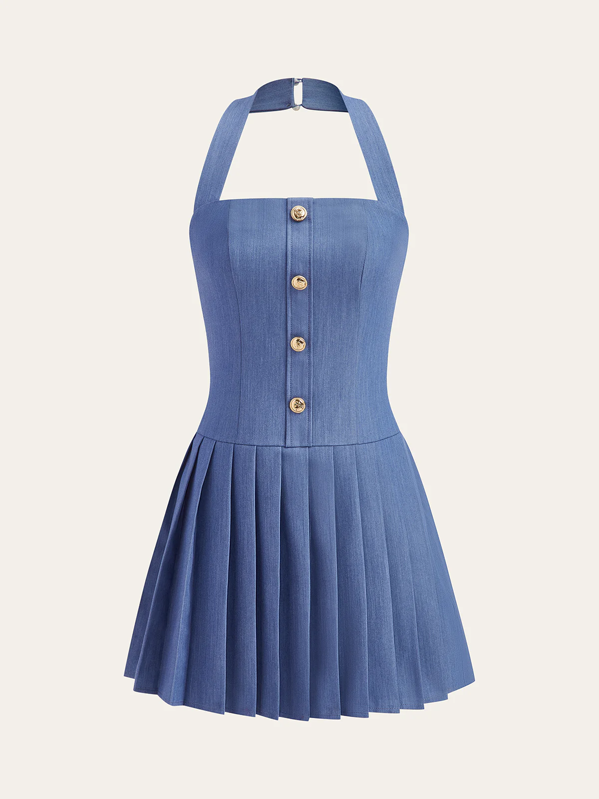 Metal Button Halter Neck Pleated Dress - Wholesalesil