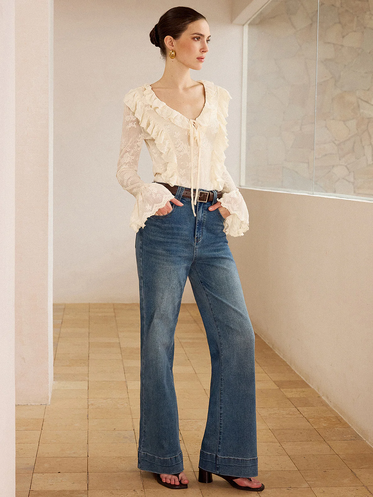 Semi-Sheer Lace Ruffle Trim V-Neck Blouse - Wholesalesil