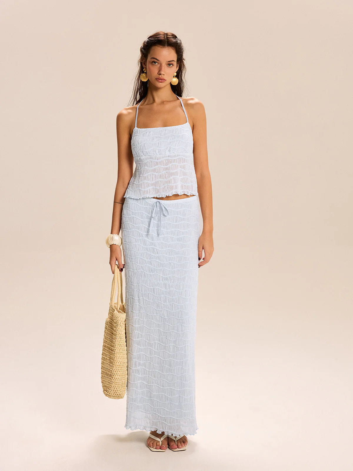 Textured Halter Crop Top and Skirt Set - Wholesalesil