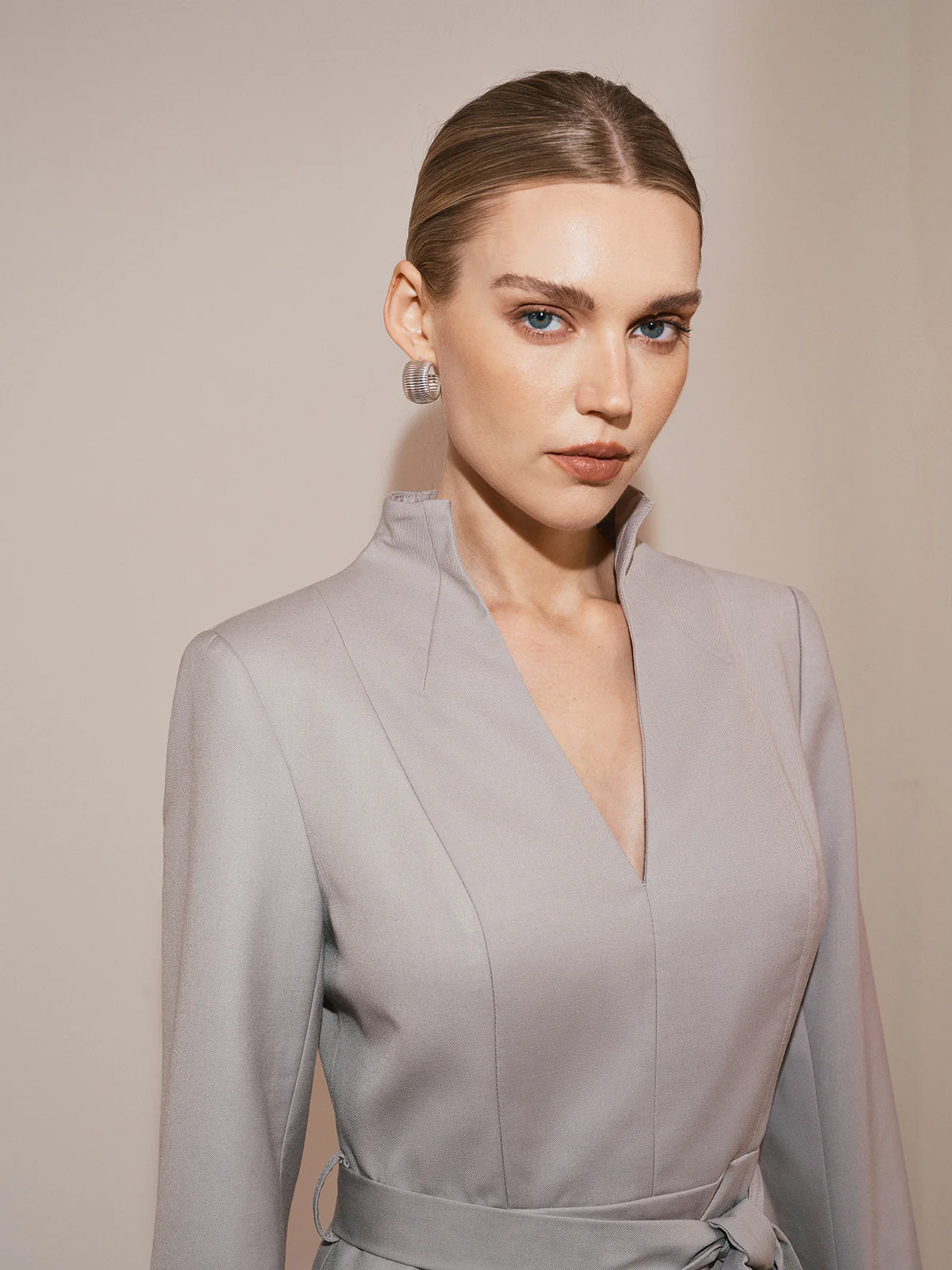 Belted V-Neck Long Sleeve Dress - Wholesalesil