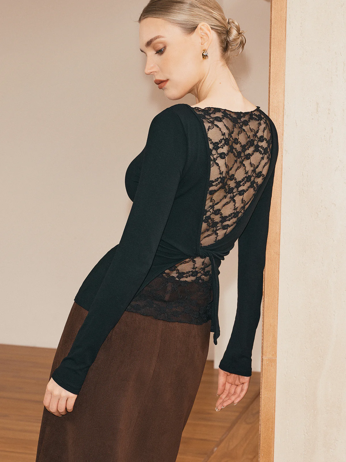 Sheer Lace Back Long Sleeve T-Shirt - Wholesalesil