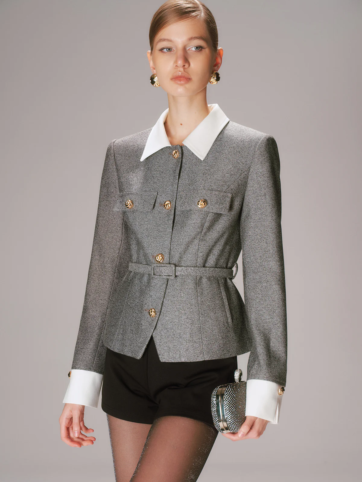 Belted Contrast Collar Tweed Blazer - Wholesalesil